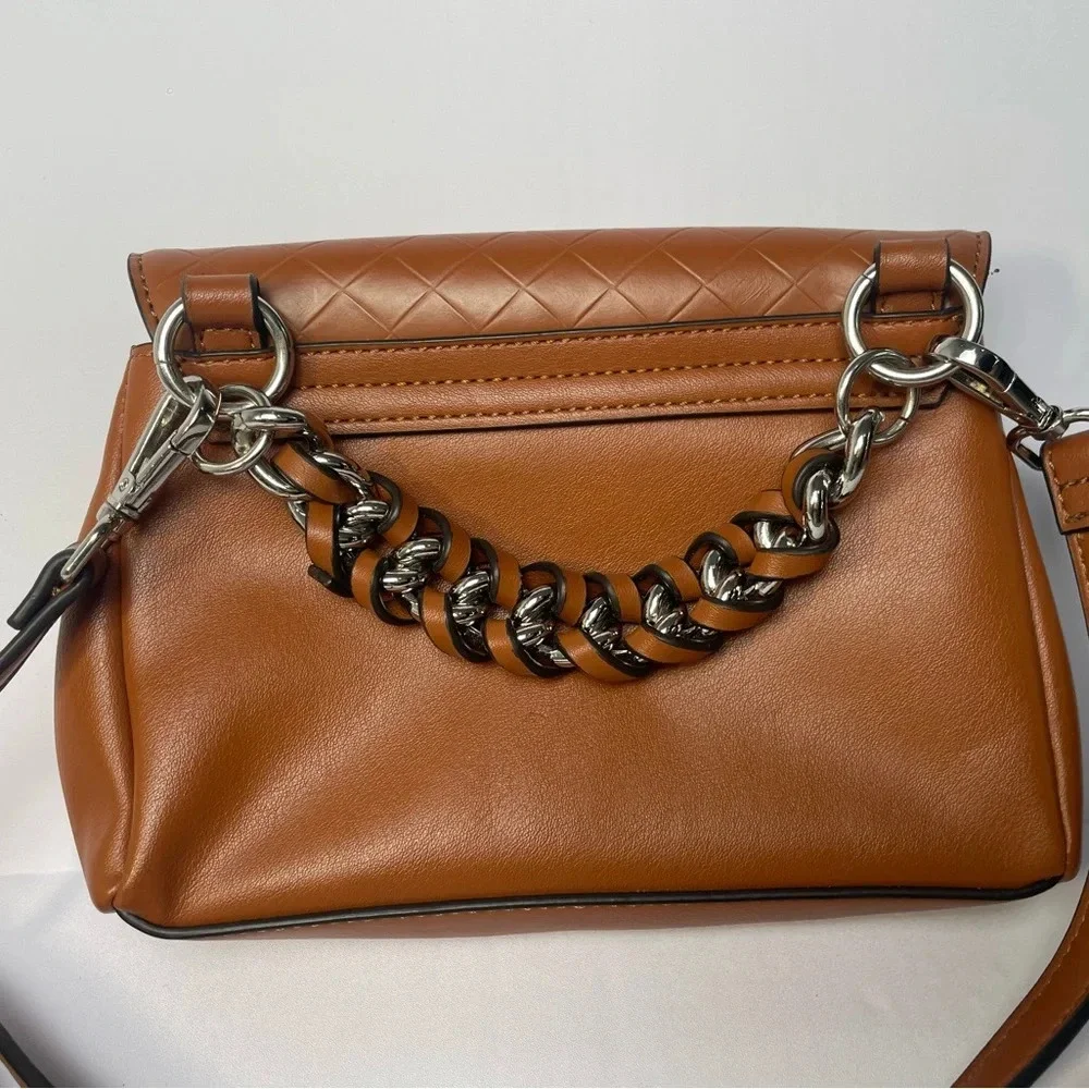 Guess Tan Leather Crossbody Bag Silver Braided Chain Handle EUC Like New